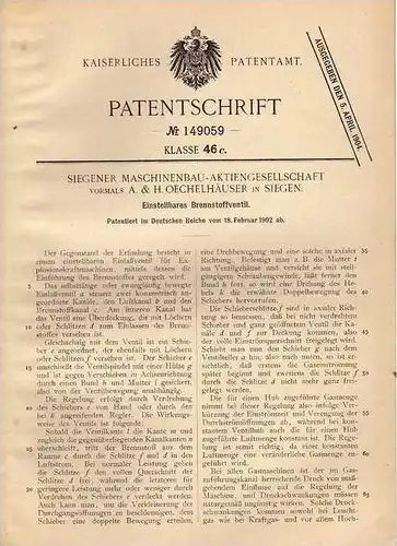 Original Patentschrift - Maschinenbau AG in Siegen , 1902 , Brennstoffventil für Motoren !!!