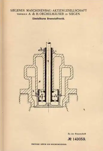 Original Patentschrift - Maschinenbau AG in Siegen , 1902 , Brennstoffventil für Motoren !!!