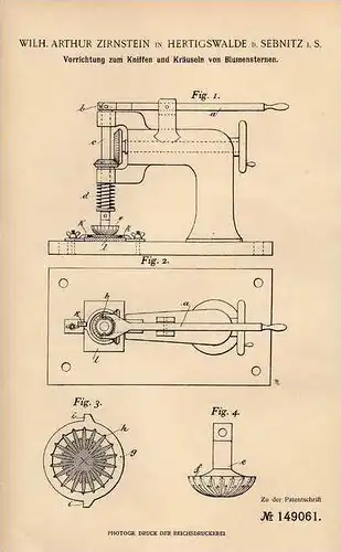 Original Patentschrift - W. Zirnstein in Hertigswalde b. Sebnitz i.S. , 1903 , Apparat für Blumensterne , Stempel !!!