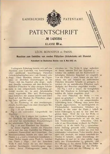 Original Patentschrift - Maschine für Plätzchen aus Schokolade ,1902 , L. Bonnefoi in Paris , Schokoplätzchen , Stanniol