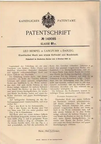 Original Patentschrift - L. Hempel in Langfuhr b. Danzig , 1902 , Korb für Kohle , Koks und Erz !!!