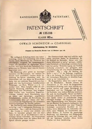 Original Patentschrift - O. Schöneich in Czarnikau , 1901 , Ankerhemmung für Unruhuhren , Uhr , Uhren !!!