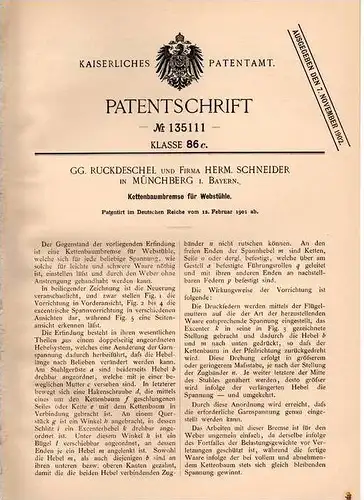 Original Patentschrift - G. Ruckdeschel in Münchberg i. Bayern , 1901 , Kettenbaumbremse für Webstuhl , Weberei !!!