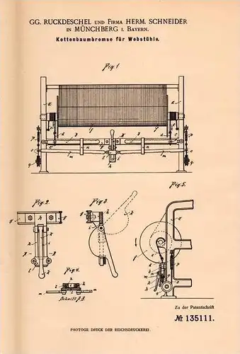 Original Patentschrift - G. Ruckdeschel in Münchberg i. Bayern , 1901 , Kettenbaumbremse für Webstuhl , Weberei !!!