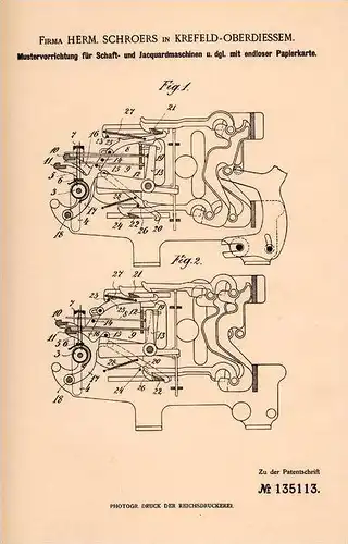Original Patentschrift - Fa. H. Schroers in Krefeld - Oberdiessem , 1901 , Muster für Schaft- und Jaquardmaschine !!!