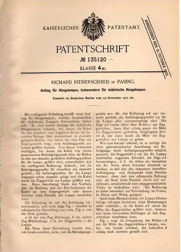 Original Patentschrift - R. Riemerschmid in Pasing , 1901 , Aufzug für Lampen , Hängelampen !!!