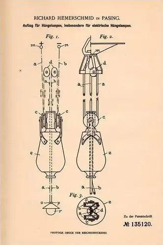 Original Patentschrift - R. Riemerschmid in Pasing , 1901 , Aufzug für Lampen , Hängelampen !!!