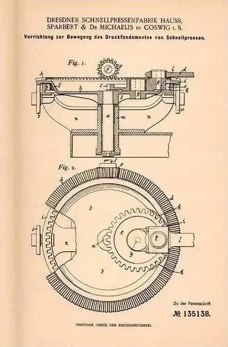 Original Patentschrift - Dresdner Schnellpressenfabrik in Coswig i.S., 1902 , Druckfundament von Pressen , Druck !!!