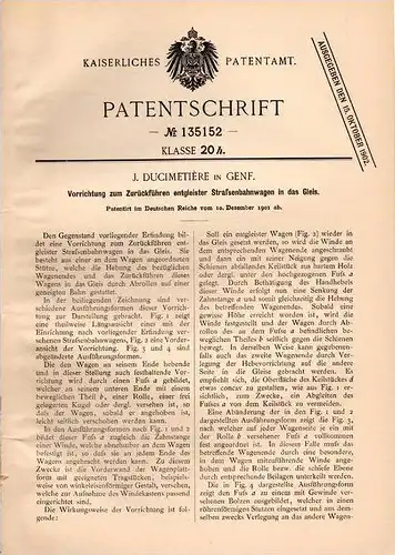 Original Patentschrift - J. Ducimetiére in Genf , 1901 , Apparat für entgleiste Straßenbahn , Gleise , Gleis !!!