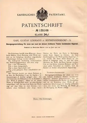 Original Patentschrift - K. Lehmann in Seifhennersdorf i. Sa., 1901 , drehbarer Kipprost !!!