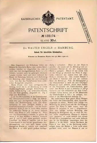 Original Patentschrift - Dr. W. Engels in Hamburg , 1902 , künstliches Gelenk , Kniegelenk , Hüftgelenk , Prothese !!!