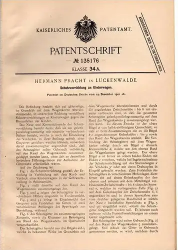 Original Patentschrift - H. Pracht in Luckenwalde , 1901 , Kinderwagen - Schutzvorrichtung !!!