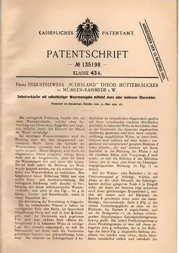 Original Patentschrift - Fa. Industriewerk "Süderland" in Mühlen - Rahmede , 1901 , Verkaufsautomat , Selbstverkäufer !!