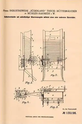 Original Patentschrift - Fa. Industriewerk "Süderland" in Mühlen - Rahmede , 1901 , Verkaufsautomat , Selbstverkäufer !!