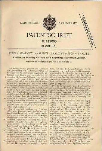 Original Patentschrift - S. Skalicky in Böhm. Skalitz , 1902 , Veredelung von Gewebe !!!