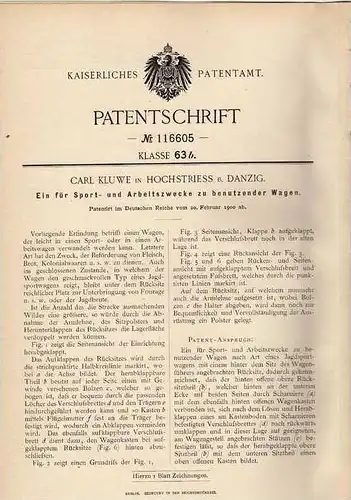 Original Patentschrift - C. Kluwe in Hochstriess b. Danzig , 1900 , Wagen für Sport und Arbeitszwecke !!!