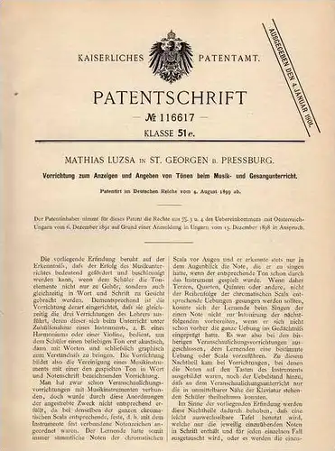 Original Patentschrift - M- Luzsa in St. Georgen b. Pressburg ,1899 , Apparat für Musik - und Gesangunterricht , Violine