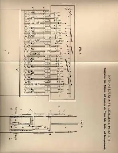 Original Patentschrift - M- Luzsa in St. Georgen b. Pressburg ,1899 , Apparat für Musik - und Gesangunterricht , Violine