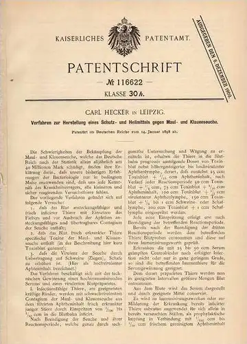 Original Patentschrift - C. Hecker in Leipzig , 1898 , Heilmittel für Maul- und Klauenseuche , Seuche , Erreger !!!