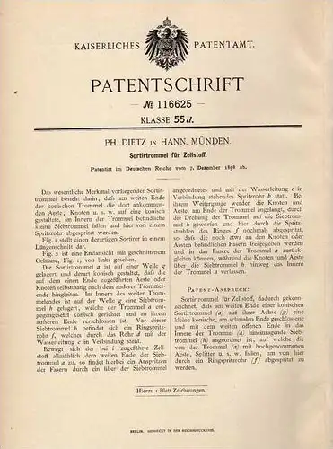 Original Patentschrift - Ph. Dietz in Hann Münden , 1898 , Zellstoff - Sortiertrommel !!!