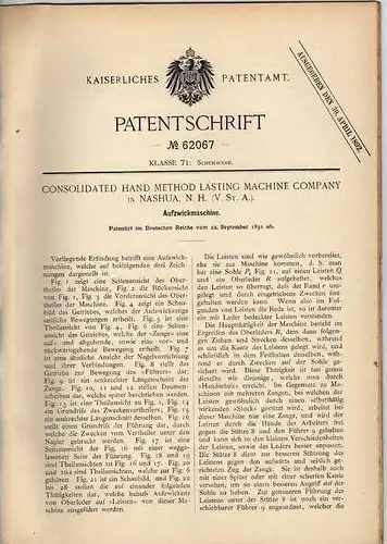 Original Patentschrift - Machine Comp. in Nashua , USA , 1891 , Aufzwickmaschine , Schuhe , Schuhmacher , Schuster !!!