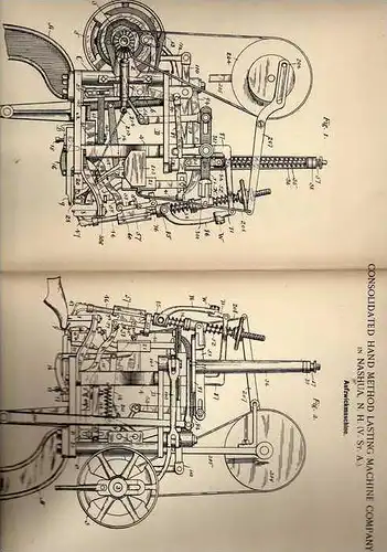 Original Patentschrift - Machine Comp. in Nashua , USA , 1891 , Aufzwickmaschine , Schuhe , Schuhmacher , Schuster !!!