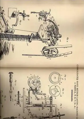 Original Patentschrift - Machine Comp. in Nashua , USA , 1891 , Aufzwickmaschine , Schuhe , Schuhmacher , Schuster !!!