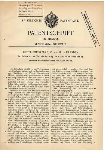 Original Patentschrift - Westrumitwerke GmbH in Dresden , 1903 , Verhinderung von Staubentwicklung !!!