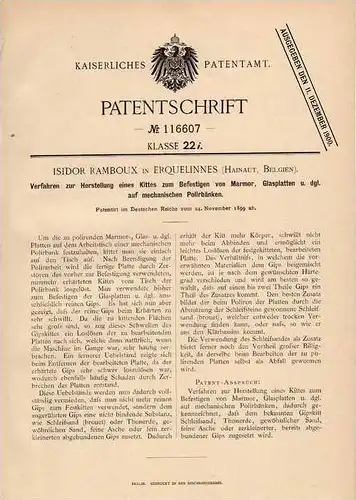 Original Patentschrift - I. Ramboux in Erquelinnes , Hainaut , 1899 , Herstellung von Kitt für Marmor , Glas !!!