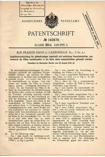 Original Patentschrift - Spritze für Pillen , Injektion , 1905 , R. Davis in Carbondale , Arzt , Impfung !!!