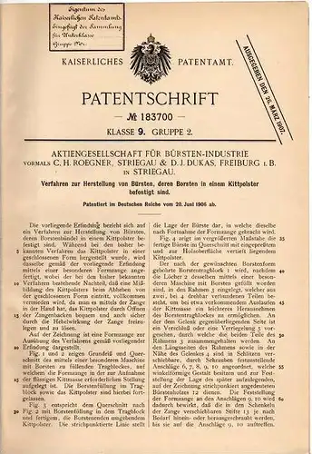 Original Patentschrift - C. Boegner & Lukas in Striegau und Freiburg i.B., 1906 , Herstellung von Bürsten , Bürste !!!