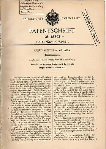 Original Patentschrift - J. Welter in Malaga , 1906 , Rechenmaschine , Mathematik , Rechner !!!