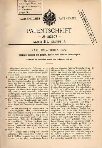 Original Patentschrift - Karl Lux in Ruhla i. Thür., 1906 , Tasteninstrument , Klavier , Piano  !!!