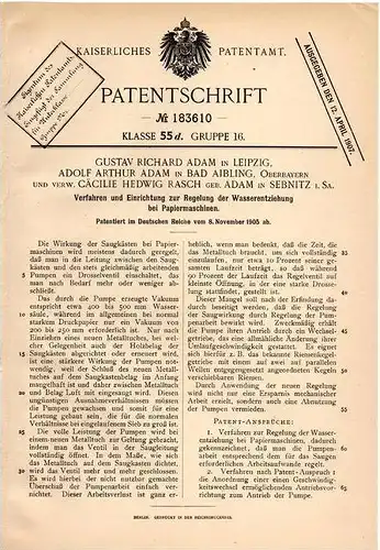 Original Patentschrift - A. Adam in Bad Aibling und Sebnitz i.Sa., 1905 , Wasserentzug bei Papiermaschinen , Papier !!!
