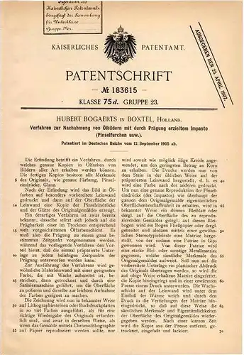 Original Patentschrift - H. Bogaerts in Boxtel , 1905 , Ölbilder - Kopie , Malerei , Kunst , Oelfarbe !!!