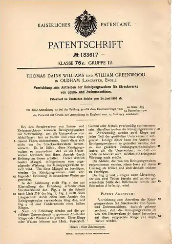 Original Patentschrift - T. Williams in Oldham , 1906 , Spinnmaschine , Zwirnmaschine , Spinnerei !!!