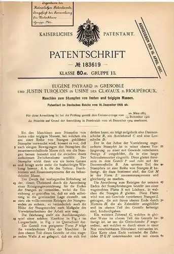 Original Patentschrift - J. Turquois in Usine des Clavaux b. Rioupéroux und Grenoble ,1905, Maschine für Teig , Bäckerei