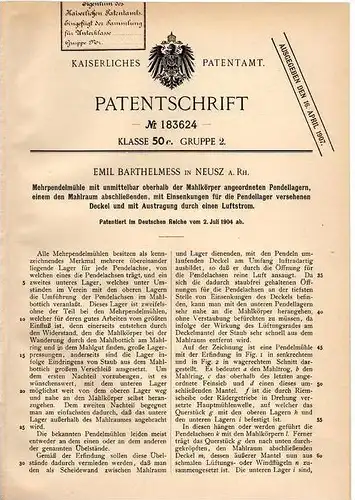 Original Patentschrift - E. Barthelmess in Neuss a. Rh., 1904 , Mehrpendelmühle , Mühle !!!