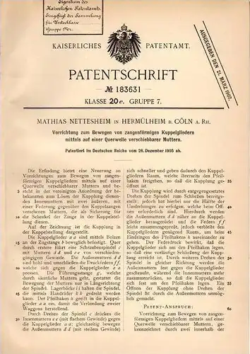 Original Patentschrift - M. Nettesheim in Hermülheim b. Cöln a.Rh., 1905 , Apparat für Kuppelglieder !!!
