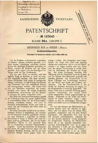 Original Patentschrift - H. Rix in Heide i. Holstein , 1906 , Krabben - Schälmaschine , Krabbe , Fischer , Fischerei !!!