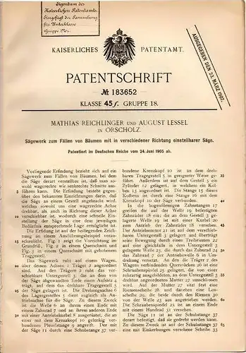 Original Patentschrift - M. Reichlinger in Orscholz , 1905 , Sägewerk zum Fällen von Bäumen , Baumfäller , Forst !!!