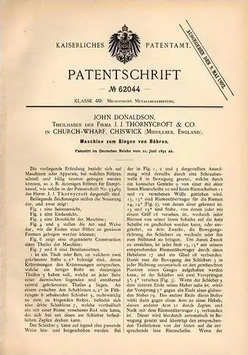 Original Patentschrift - Thornycroft & Co in Church - Wharf , Chiswick , 1891 , Maschine zum Biegen von Rohren !!!