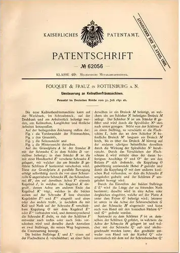 Original Patentschrift - Fouquet & Frauz in Rottenburg a.N., 1891 , Steurung für Fräsmaschinen , Fräse !!!