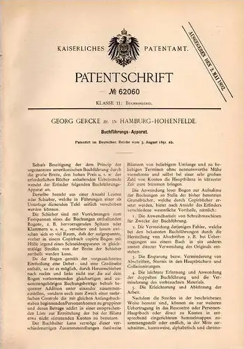 Original Patentschrift - G. Gercke in Hamburg - Hohenfelde , 1891 , Apparat zur Buchführung , Finanzamt , Steuern !!!