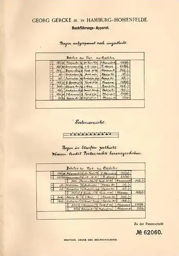 Original Patentschrift - G. Gercke in Hamburg - Hohenfelde , 1891 , Apparat zur Buchführung , Finanzamt , Steuern !!!