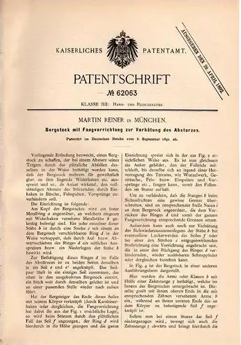 Original Patentschrift - M. Reiner in München ,1891,Sicherung für Bergsteiger gegen Absturz , Fangvorrichtung , Klettern
