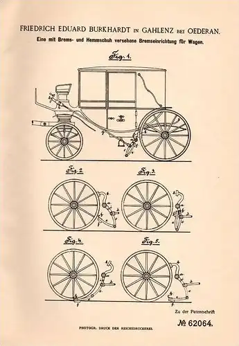 Original Patentschrift - F. Burkhardt in Gahlenz b. Oederan , 1891 , Bremse für Droschke , Kutsche , Leichenwagen !!!