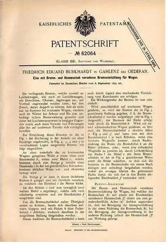 Original Patentschrift - F. Burkhardt in Gahlenz b. Oederan , 1891 , Bremse für Droschke , Kutsche , Leichenwagen !!!