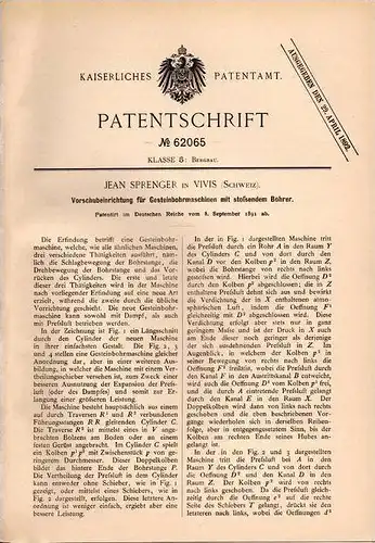 Original Patentschrift - J. Sprenger in Vivis , 1891 , Gesteinbohrer , Bohrer für Gestein , Tunnel - Bau !!!