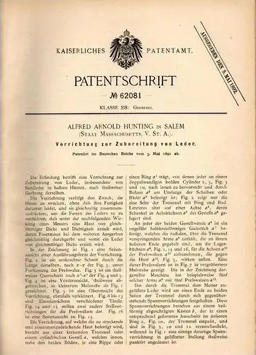 Original Patentschrift - A. Hunting in Salem , Mass., USA , 1891 , Zubereitung von Leder !!!